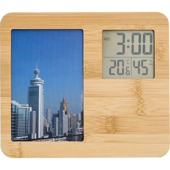 Годинник-метеостанція бамбуковий з фоторамкою, колір коричневий - V0039-16