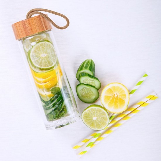 Пляшка для води 420 мл скляна з бамбуковю кришкою, колір прозорий - V0695-00