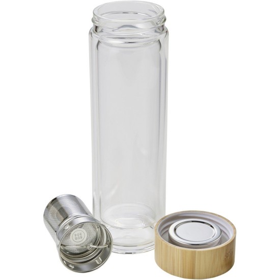 Пляшка 420 мл з подвійним дном скляна з бамбуковою кришкою, колір світло-коричневий - V0774-18
