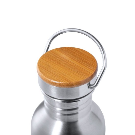 Пляшка для води 800 мл, кришка з ручкою і бамбуковим елементом, колір сріблястий - V0974-32