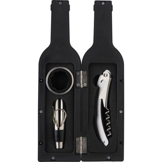 Набір для вина, 3 шт. у коробці у формі пляшки, колір чорний - V1699-03