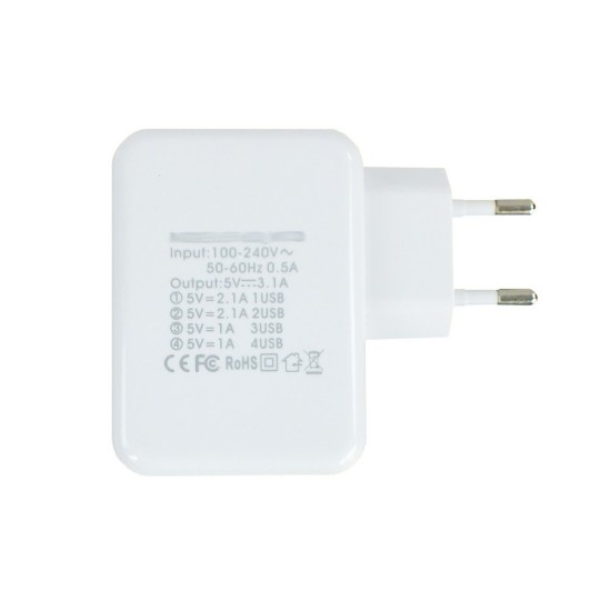 Настінне зарядне обладнання з 4 USB-портами 3.1A, колір білий - V3593-02