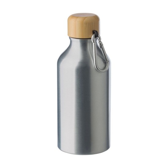 Пляшка для води спортивна 400 мл металева, бамбукова кришка з карабіном, колір сріблястий - V6991-32
