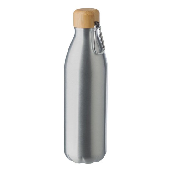 Пляшка для води спортивна 750 мл металева, бамбукова кришка з карабіном, колір сріблястий - V6993-32