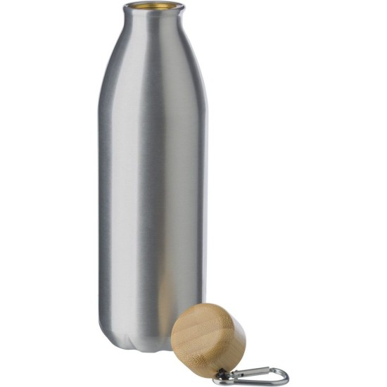 Пляшка для води спортивна 750 мл металева, бамбукова кришка з карабіном, колір сріблястий - V6993-32