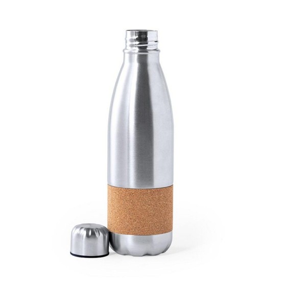 Пляшка для води 750 мл металева з корковим елементом, колір бежевий/сріблястий - V9380-32