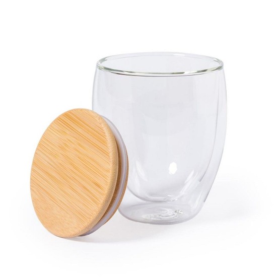 Стакан скляний 250 мл з бамбуковою кришкою, подвійні стінки, колір прозорий - V9385-00