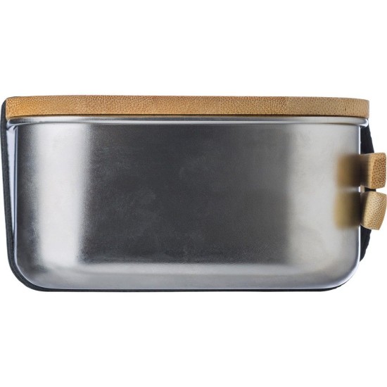 Ланч-бокс 600 мл з бамбуковою кришкою та столовими приборами (ніж, виделка), колір сріблястий/коричневий - V9927-16